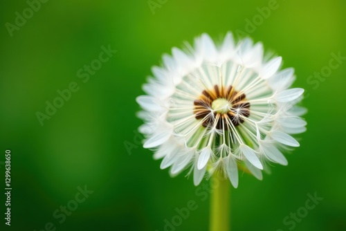 Close-up of a single white dandelion flower with delicate golden center and soft downy texture, downy, flower, texture
