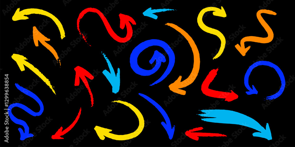 Collection of different arrows drawn by hand with brushes. Grunge or doodle looking directional signs for web package or other usage. many shapes and concept for video and educational purposes