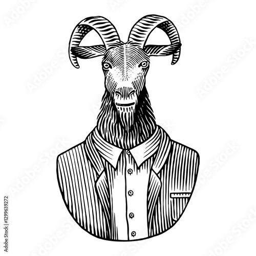 A goat gentleman in suit. Hand drawn animal character with horns in human clothes for beer bottle or web design. anthropomorphic cartoon animal. Engraved in traditional old style