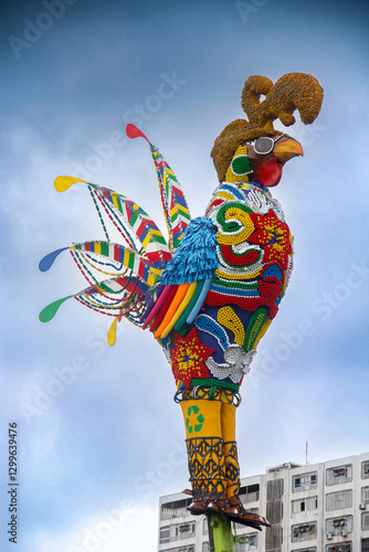 The iconic giant rooster sculpture decorates Recife's Carnival in Brazil with vibrant colors and intricate details.