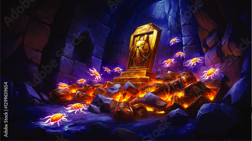 Epic Fantasy Cavern Adventure Scene: Glowing Creature Swarm, Enchanted Golden Sarcophagus, Mysterious Rocky Cave, Vibrant Colors - Perfect for Game Design