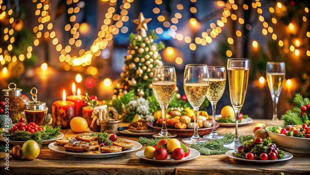 Fototapeta premium Panoramic Festive Table Setting: Delicious Food & Wine for Celebration
