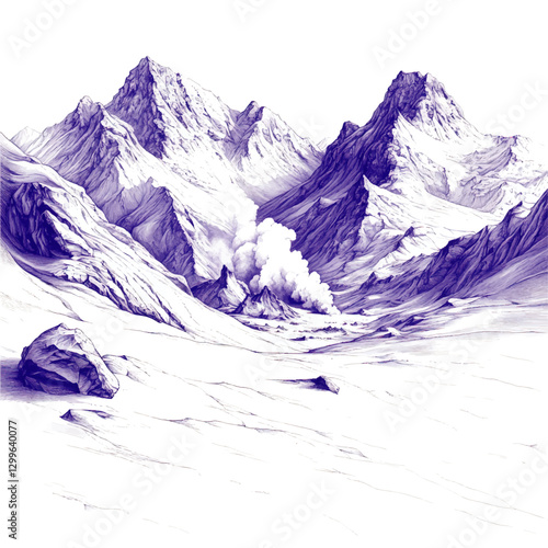 Stunning Vector Art of Majestic Mountain Range with Snowy Peaks and Rock Formations in Serene Winter Landscape, Featuring Dramatic Clouds and Avalanche Scene