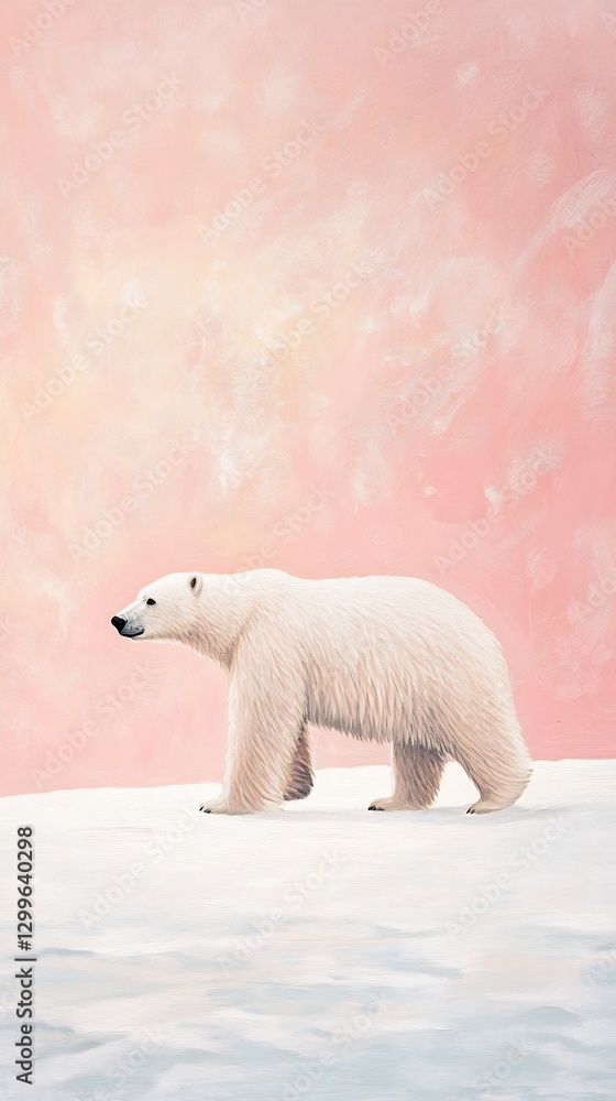 Fototapeta premium Polar bear walking ice pastel pink sky
