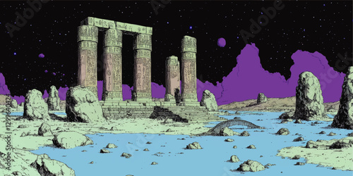 Mysterious Ancient Ruins on Alien Planet: Vector Art of Futuristic Landscape with Intricate Carved Pillars, Rocky Terrain, Purple Skies, and Starry Night