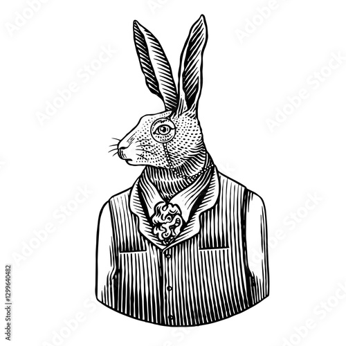 Hare or rabbit gentleman in human clothes. Anthropomorphic animal in shirt and vest with tie in hand drawn engraved old traditional style.with monocle for beverage or beer bottle. 