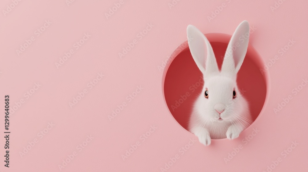 Obraz premium Curiously peeking white rabbit in a circular hole against a smooth pastel pink background for a playful Easter theme