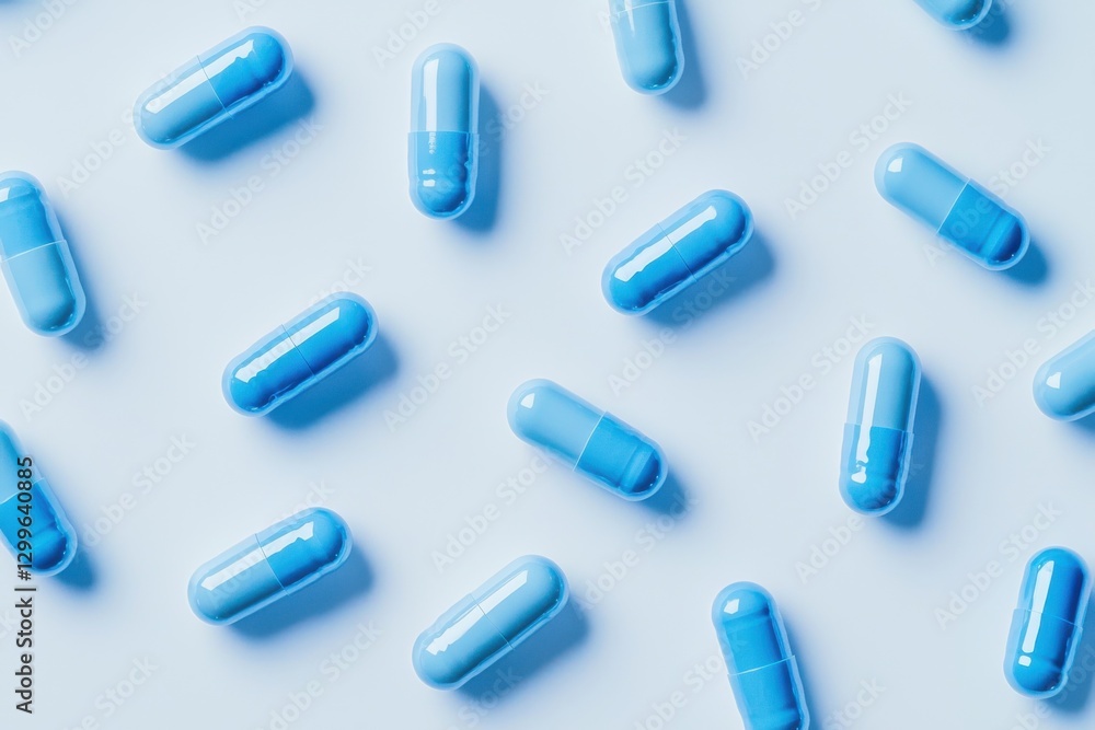 Scattered glossy blue pharmaceutical capsules on clean white background Scattered glossy blue pharmaceutical capsules on clean white background