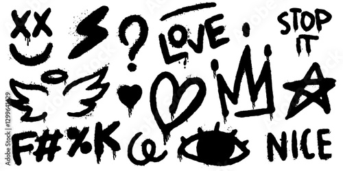 Spray paint graffiti elements and quotes. Love and peace, crown and smile with heart and angel wings in hand drawn street art style. Done by hand original design elements. Political protests.