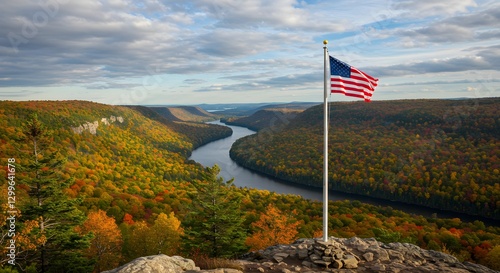 Fototapeta Naklejka Na Ścianę i Meble -  US flag on a pole with a natural landscape in the background