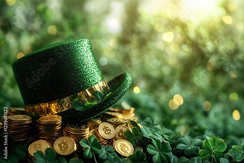 Leprechaun hat and clover leaves on green glitter background, space for text. St Patrick's Day celebration