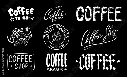 Coffee badges or emblems for your shop or package. To go and arabica coffee. Simple designs ready to use in your business. Gothic and traditional scripts with phrases. Engraved, brush drawn elements