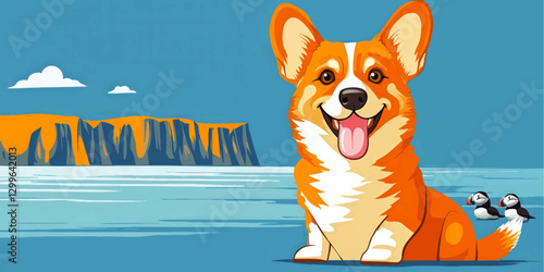 Charming Corgi Vector Illustration with Puffins by the Ocean Cliffs on a Sunny Day – Adorable Welsh Corgi Pembroke Scene for Pet and Nature Lovers