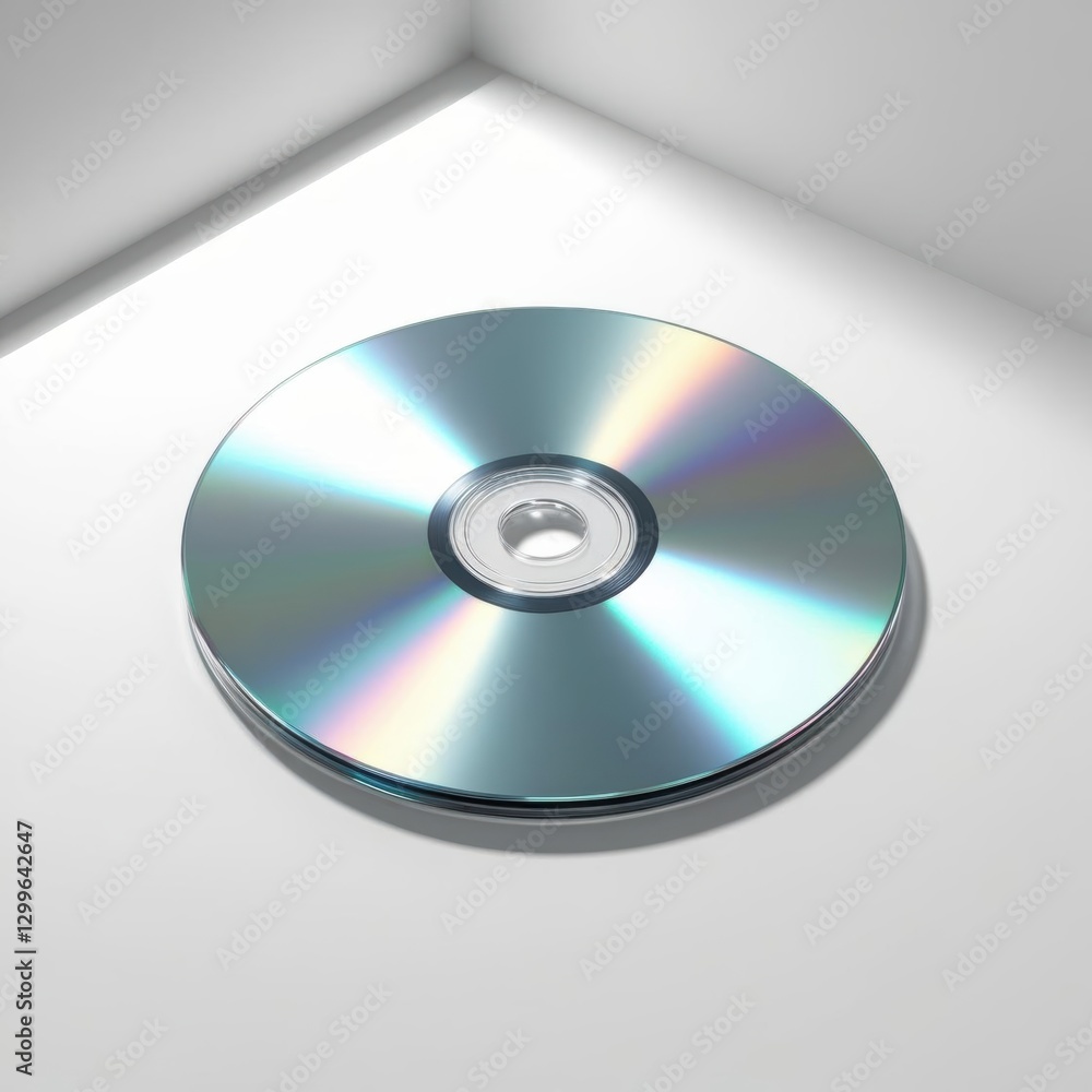 CD-ROM Disc Reflecting Light: A single CD-ROM disc sits isolated in a corner, its surface catching the light to create an array of colorful reflections, 3D rendering CD-ROM Disc Reflecting Light: A single CD-ROM disc sits isolated in a corner, its surface catching the light to create an array of colorful reflections, 3D rendering