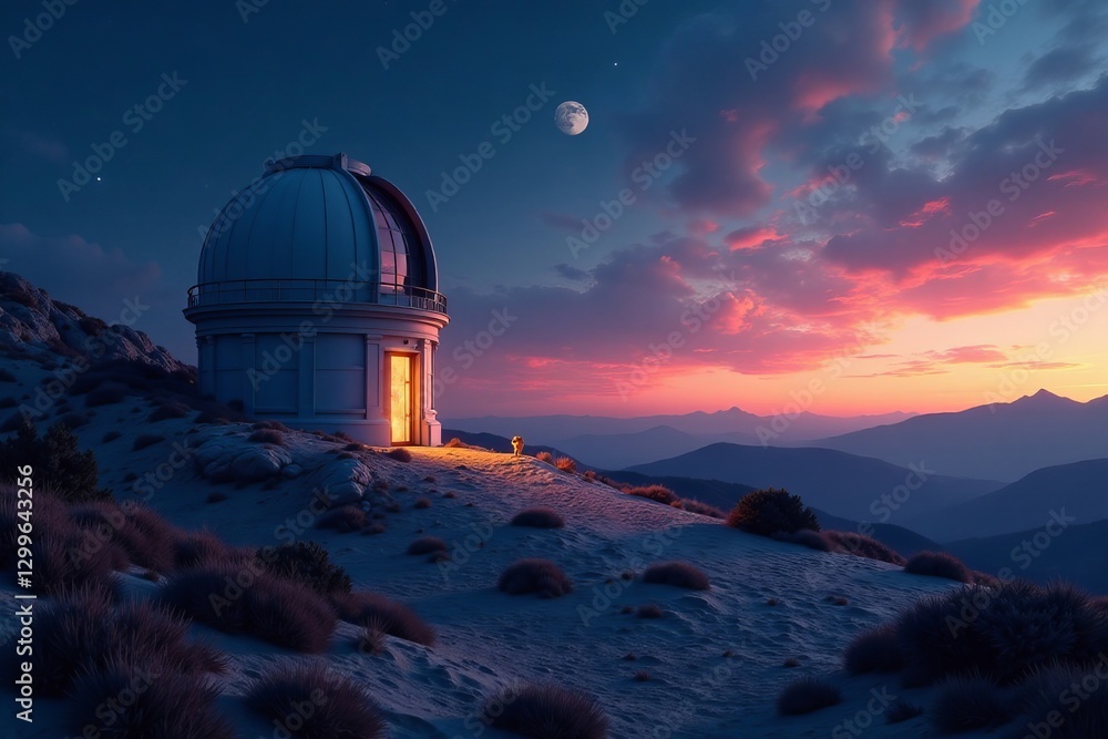 Obraz premium Astronomical observatory in lunar terrain at dusk, outdoors, space, moon