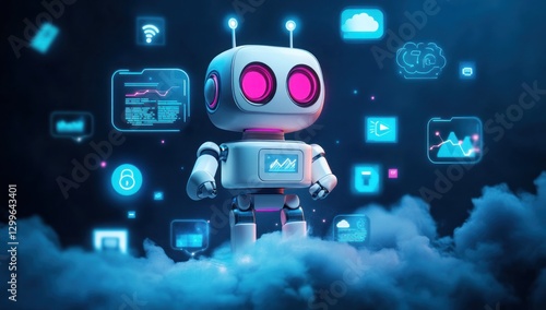 Wallpaper Mural Cute robot surrounded by digital icons in cloud computing. Torontodigital.ca