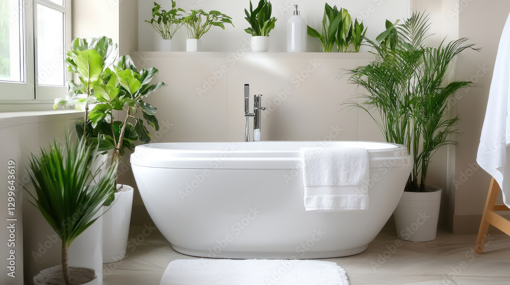serene green bathroom featuring modern bathtub surrounded by lush plants, creating calming atmosphere serene green bathroom featuring modern bathtub surrounded by lush plants, creating calming atmosphere