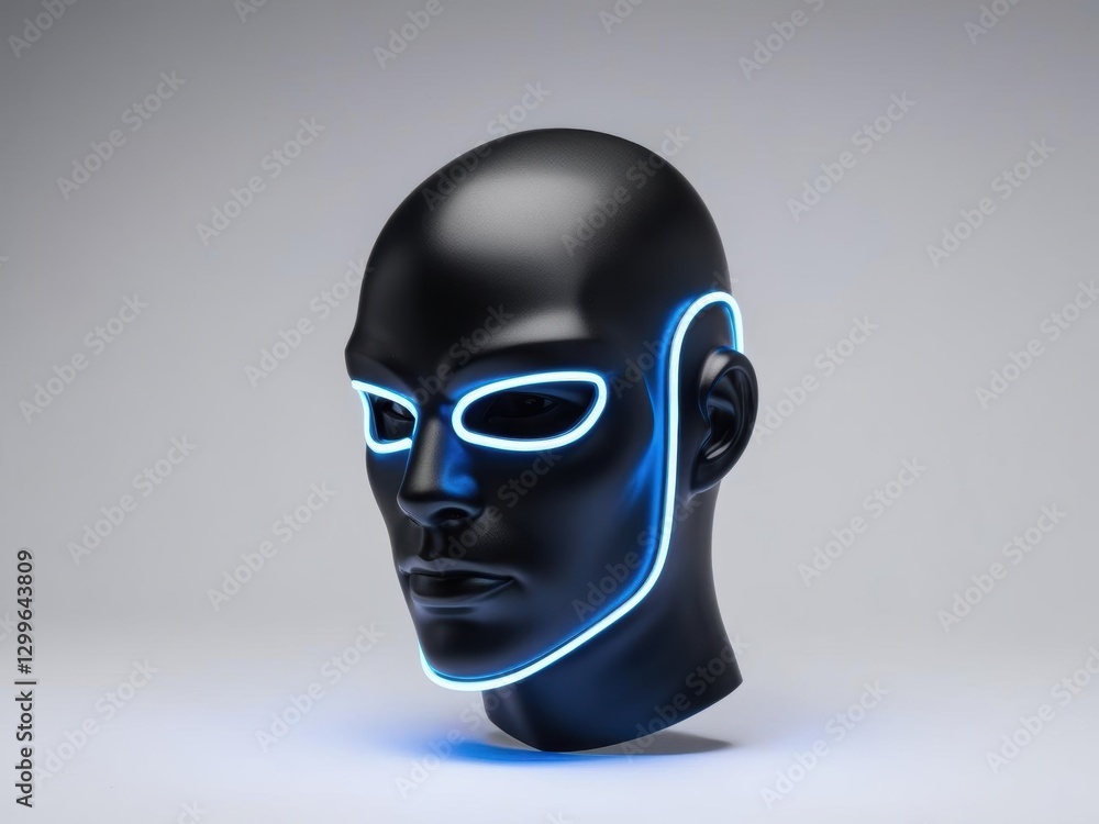 Cybernetic visage: A futuristic human head sculpture with vibrant neon light accents illuminates with an aura of advanced technology, 3d rendering Cybernetic visage: A futuristic human head sculpture with vibrant neon light accents illuminates with an aura of advanced technology, 3d rendering