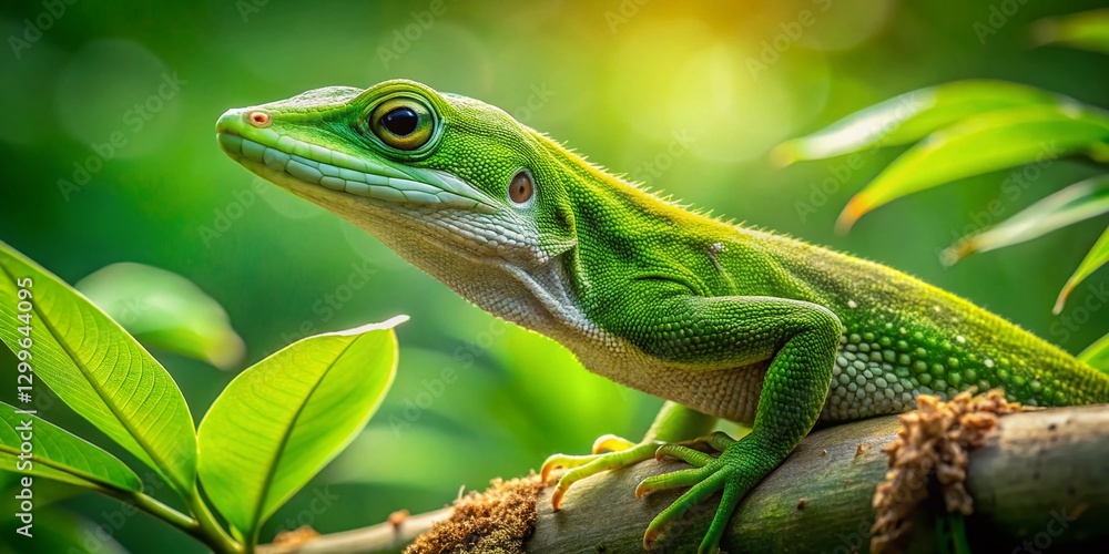 Panoramic View of a Vibrant Green Anole Lizard in its Natural Habitat Panoramic View of a Vibrant Green Anole Lizard in its Natural Habitat