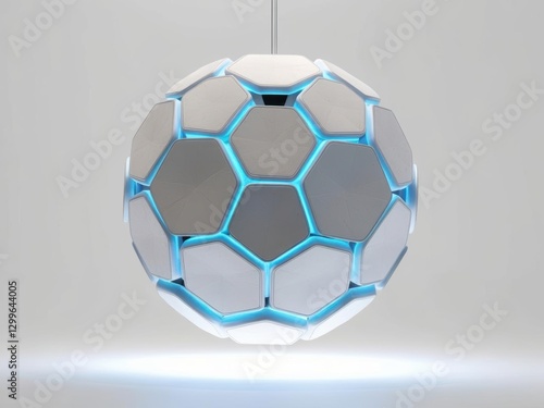 Futuristic Sphere Lamp: A modern, illuminated sphere-shaped lamp with a geometric design emits a soft, ambient glow, adding a touch of contemporary elegance to any interior space, 3d rendering
