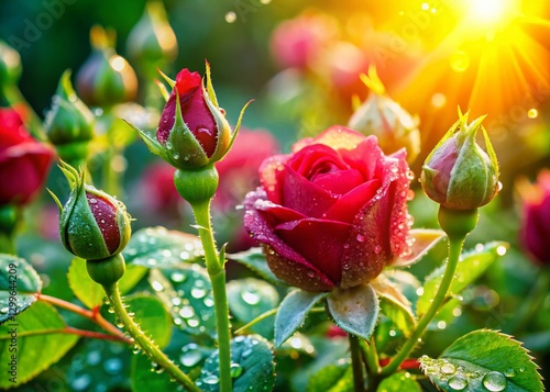 Panoramic View of Blooming Rose Buds in a Lush Garden