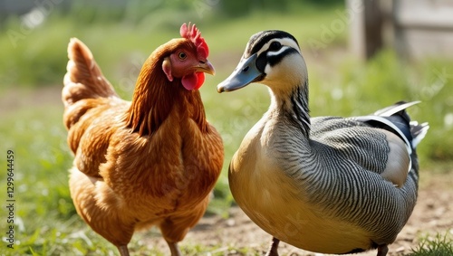Poultry Companionship: A vibrant scene featuring a domestic chicken and duck, showcasing their unique features and textures, standing together in a sun-drenched grassy area.