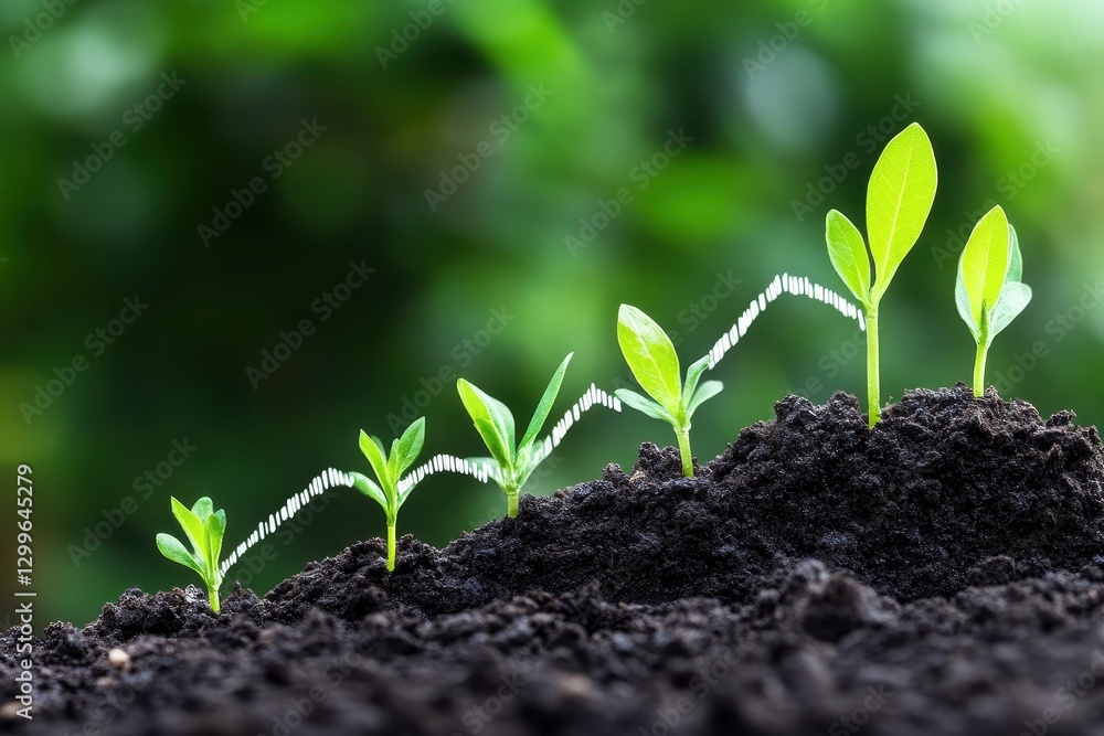 Naklejka premium Growth Stages of Seedlings Emerging from Dark Soil in Nature