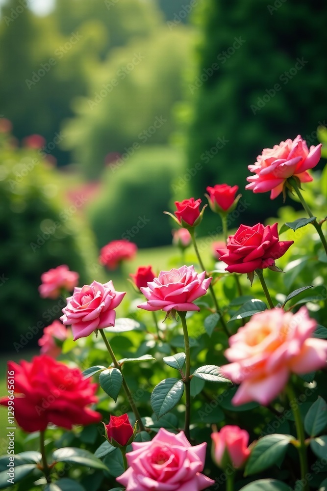 Beautiful banner of a neatly landscaped rose garden with various shades and types of roses, landscape, garden, banner Beautiful banner of a neatly landscaped rose garden with various shades and types of roses, landscape, garden, banner