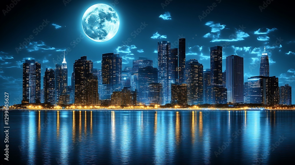 Fototapeta premium Night City Skyline Illuminated Underneath a Large Moon