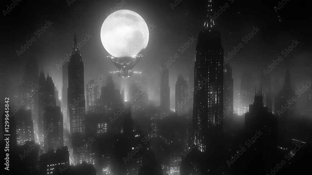 Fototapeta premium The large moon hovering over a city in the fog