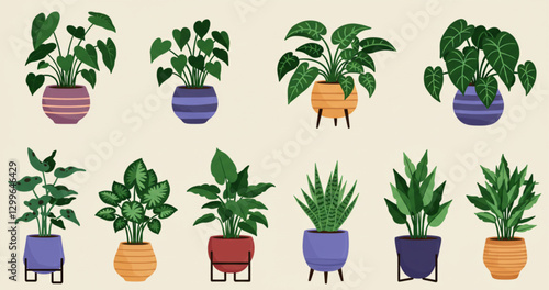 set of houseplants in flowerpots in doodle style vector
