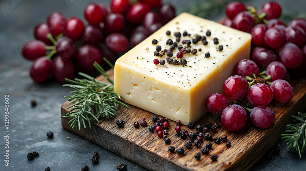 Cheese block with grapes, rosemary, and peppercorns on wooden board Cheese block with grapes, rosemary, and peppercorns on wooden board