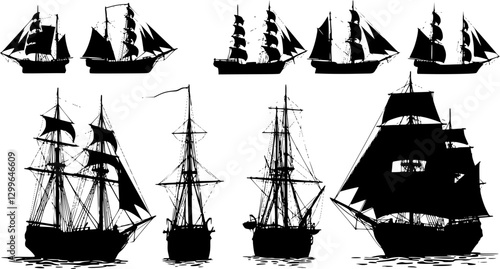 set of ships silhouette on white background vector
