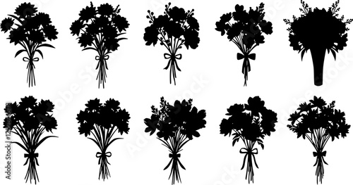 bouquets of flowers silhouette on white background vector
