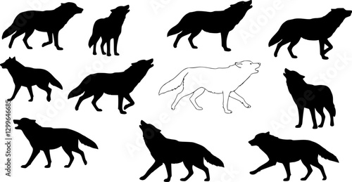 wolves in different poses collection, set silhouette on white background vector
