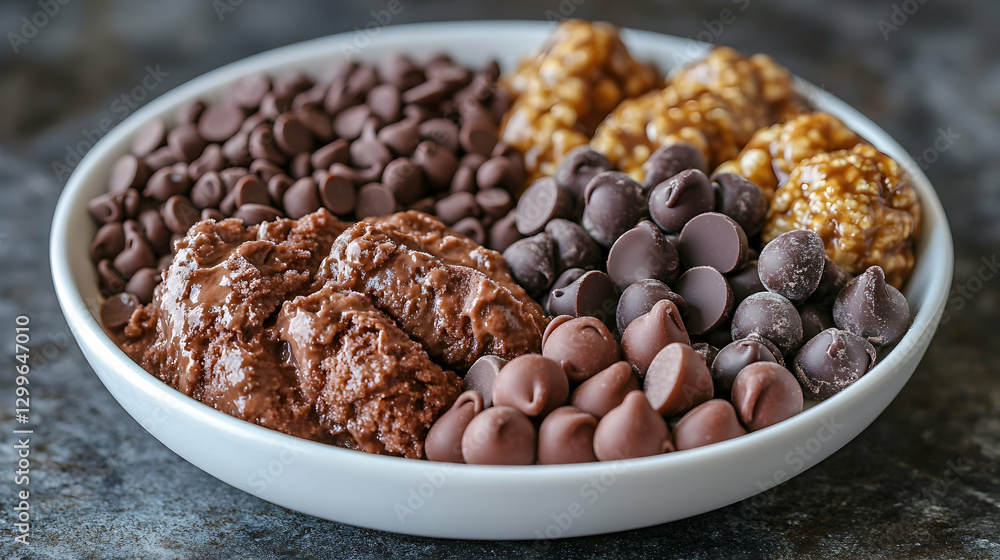 Chocolate chips, caramel popcorn, and mousse in a bowl Chocolate chips, caramel popcorn, and mousse in a bowl