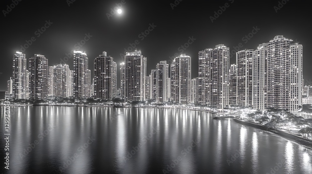 Fototapeta premium Cityscape at Night Under a Bright Moon