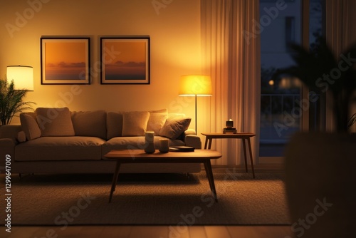 Cozy living room at night, warm lighting, sofa, coffee table, artwork.
