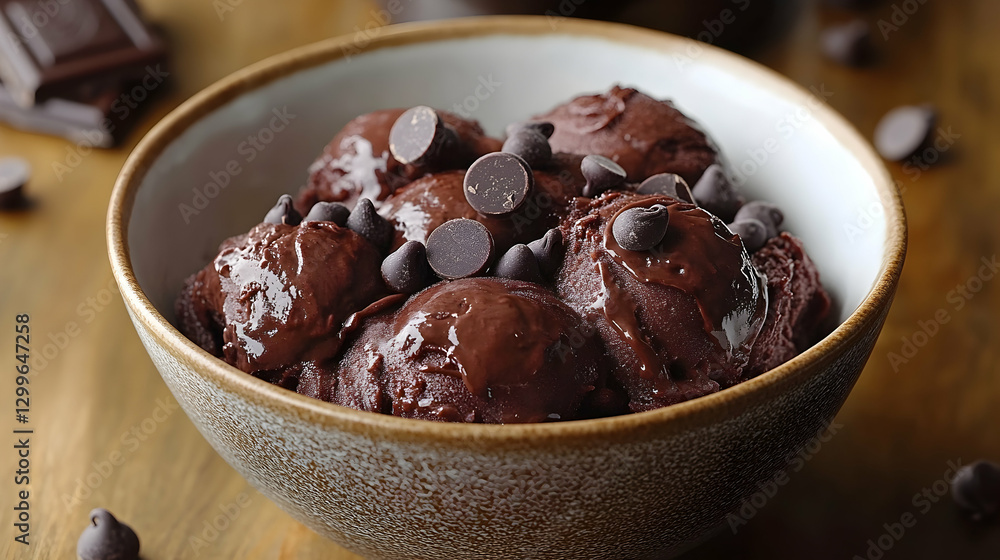 Chocolate ice cream scoops in bowl on wooden table Chocolate ice cream scoops in bowl on wooden table