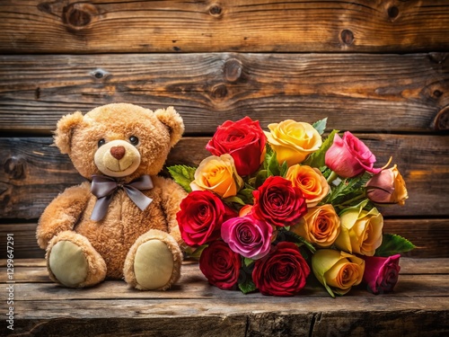 Panoramic View: Roses and Teddy Bear on Rustic Wooden Background