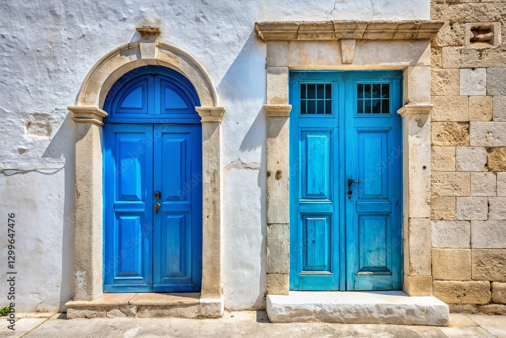 Panoramic View: Two Blue Doors on White Stone Building - Architectural Photography Panoramic View: Two Blue Doors on White Stone Building - Architectural Photography