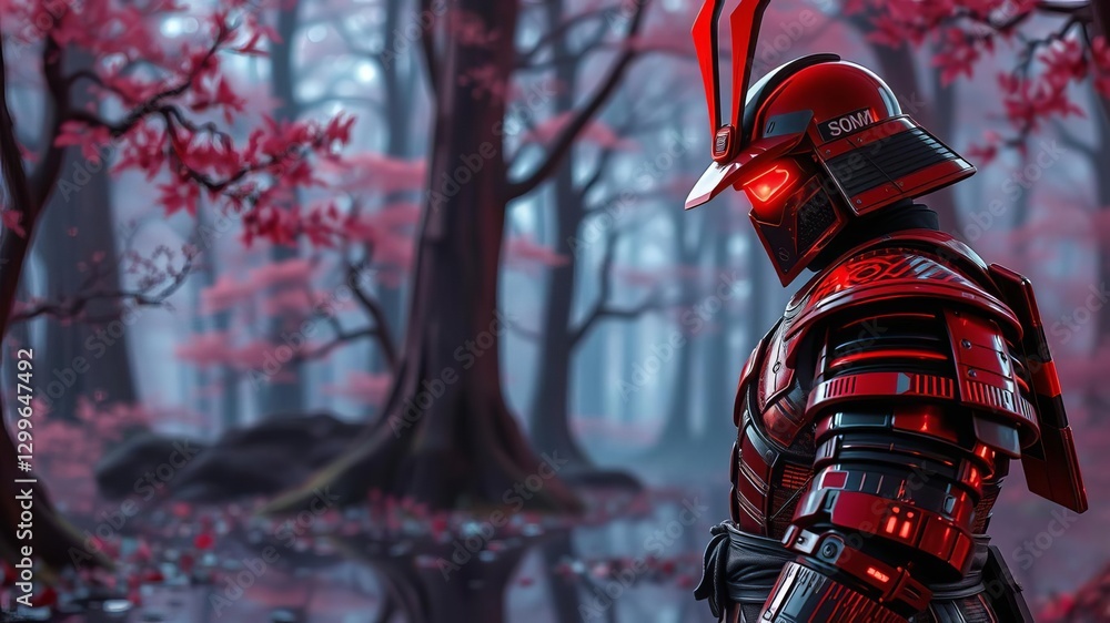 Naklejka premium Futuristic samurai in reflective armor and red accents standing in artificial forest, futuristic, concept art