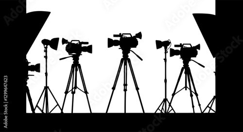 set of photo cameras and video cameras on tripods silhouette, on white background vector
