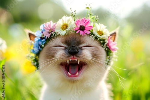 Summertime happiness. Sunny daylight. Cute baby cat birman wearing untamed flower crown on its head. Playful kitten with a wreath. Bright and cheerful summer day. Catâ€™s dreamy summer portrai.