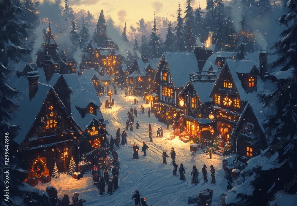 Obraz premium Winter Village in Snowy Scene
