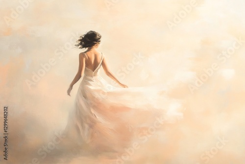 Dreamy woman flowing dress pastel background