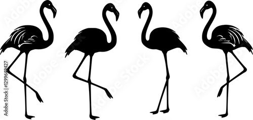 Set of pink flamingos in flat style on white background, vector
