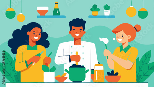 Test Kitchen A vibrant test kitchen where a team is cooking together experimenting with various plantbased recipes and laughing as they tastetest different creations.