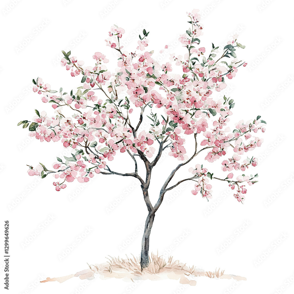 The image depicts a watercolor painting of a blossoming tree with a pink flower hue. It evokes a sense of peace, isolated on transparent background. The image depicts a watercolor painting of a blossoming tree with a pink flower hue. It evokes a sense of peace, isolated on transparent background.