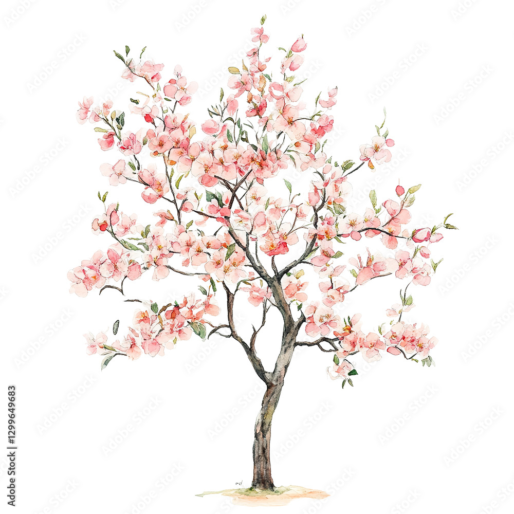 This image showcases a watercolor painting of a tree in full bloom, with pink flowers, isolated on transparent background. This image showcases a watercolor painting of a tree in full bloom, with pink flowers, isolated on transparent background.